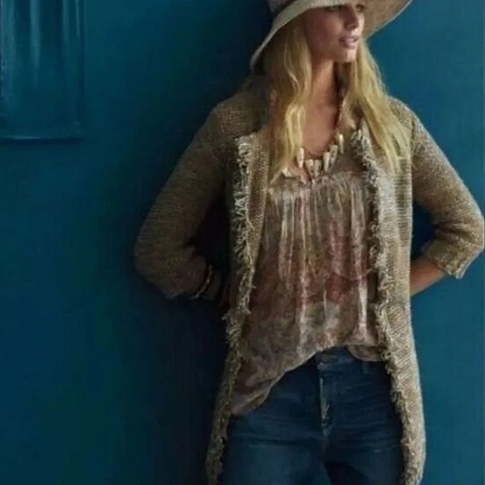 Anthropologie Sparrow Marled Peat Sweater Open Cardigan Fringe Linen Wool M